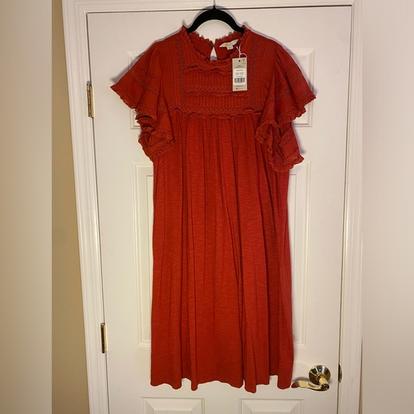 NWT Boden Red/Rust Orange Short Sleeve Lace Yoke Dress Size 16/18L *No Belt* - Picture 6 of 12